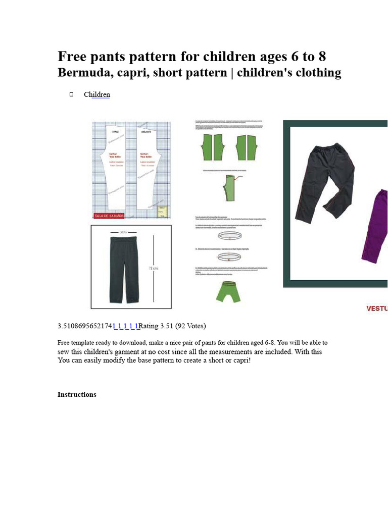 Free Kids Pants Pattern Ages 6-8 | PDF | Seam (Sewing) | Sewing
