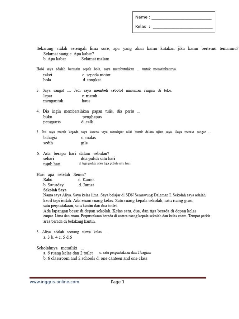 50 Examples of English Questions for 5th Grade Elementary School Online ...