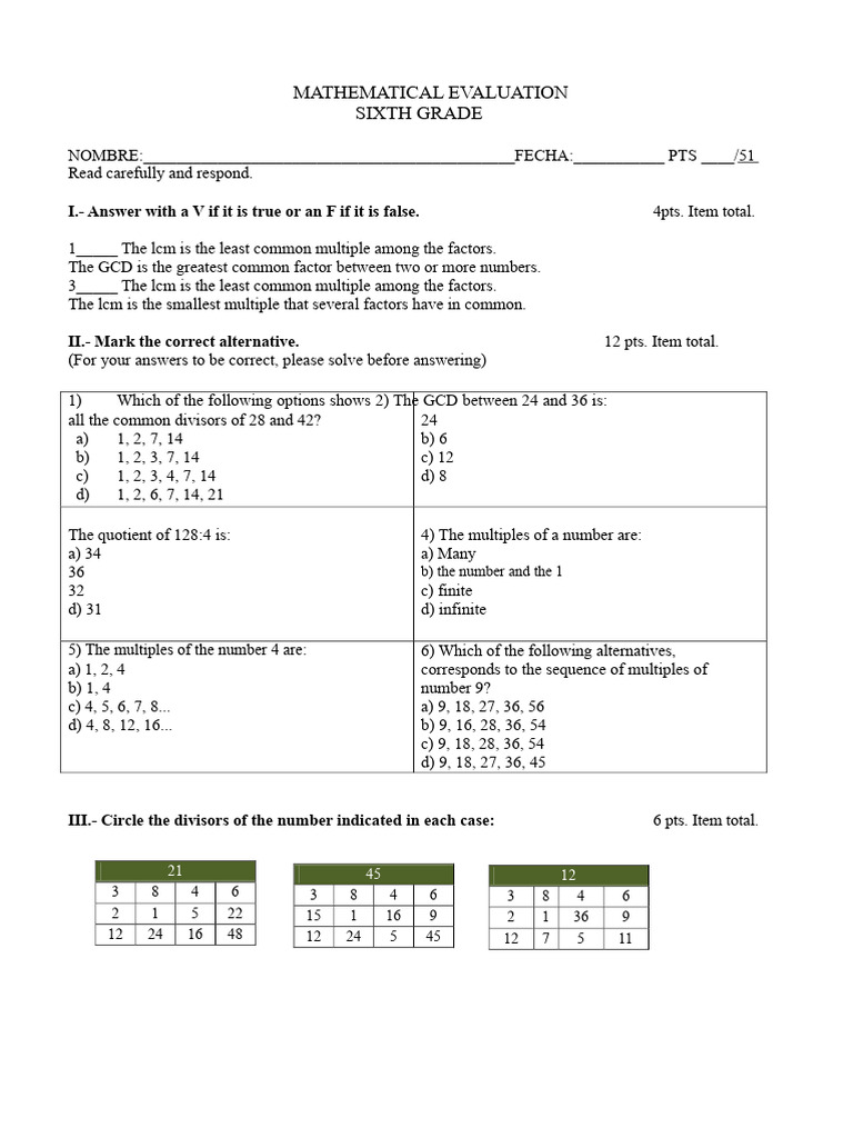 6TH Test On Multiples and Divisors | PDF | Algebra | Abstract Algebra