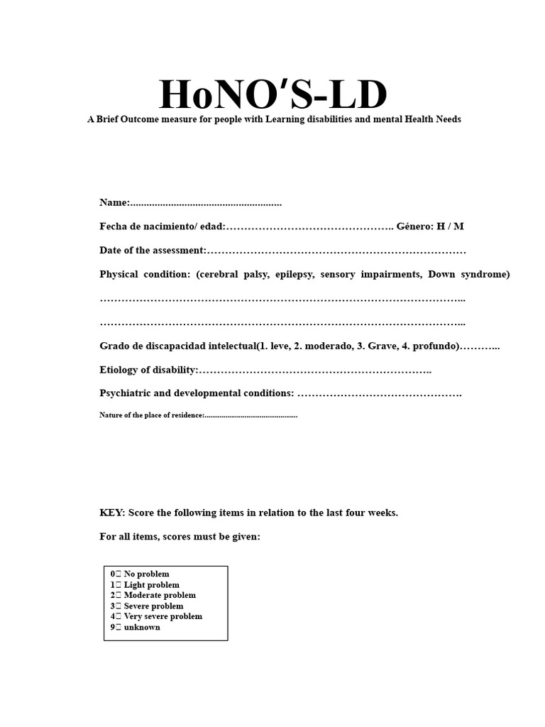 HoNOS LD Outcome Measure For Disabilities PDF Sleep Disorder Sleep