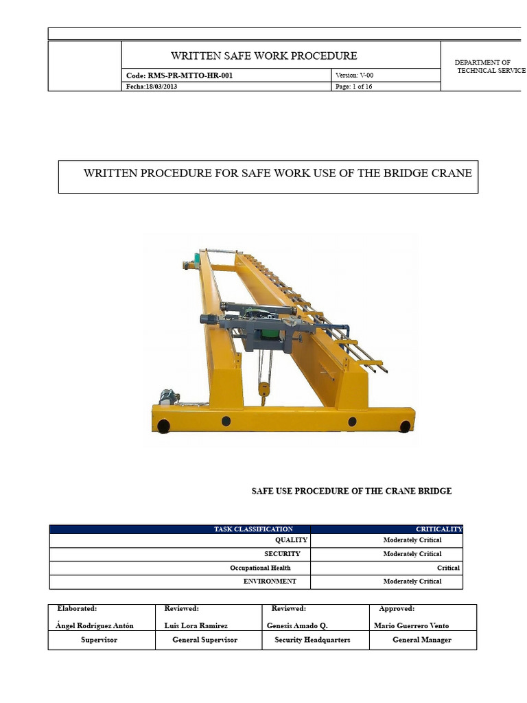 Safe Work Procedure for Bridge Crane | PDF | Crane (Machine)