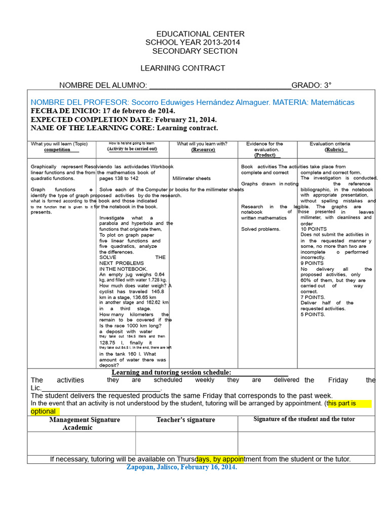 Secondary Math Learning Contract 2014 | PDF