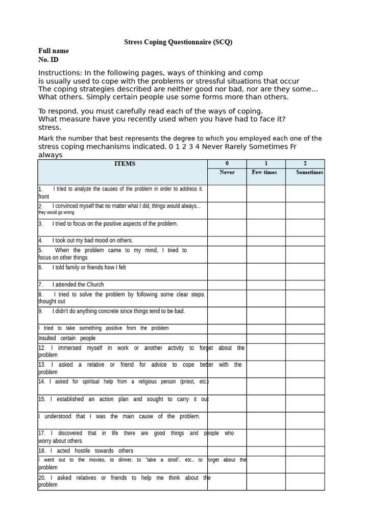 Grading Format - Stress Coping Questionnaire.pdf | PDF | Thought ...