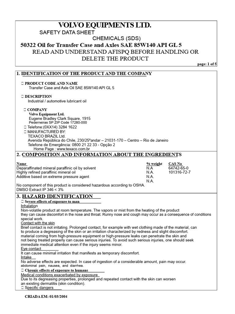 Volvo Transfer Case Oil SDS 85W140 | PDF | Pollution | Environmental ...
