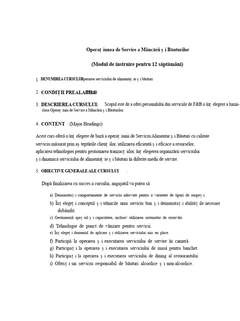 Modul de Formare Pentru Serviciul F&B | PDF