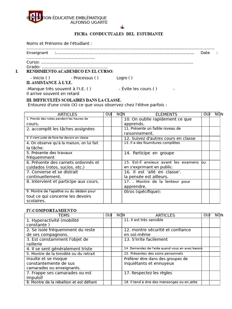 Évaluation du Comportement Étudiant | PDF