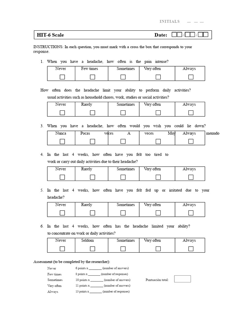 HIT-6 Questionnaire for Headache Impact | PDF | Headache | Pain