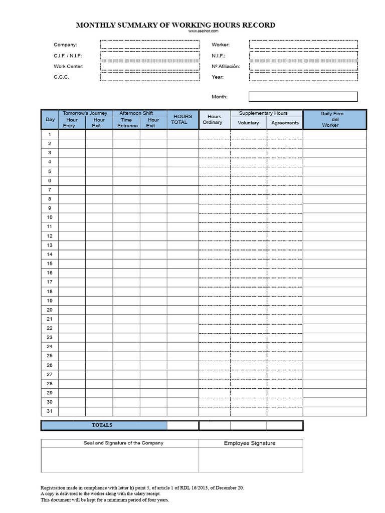 Monthly Summary - Work Hours Record | PDF