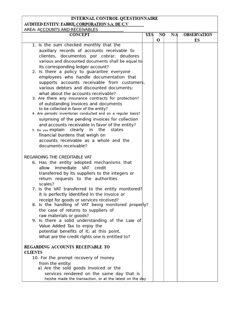 Internal Control Questionnaire for Accounts Receivable | PDF ...