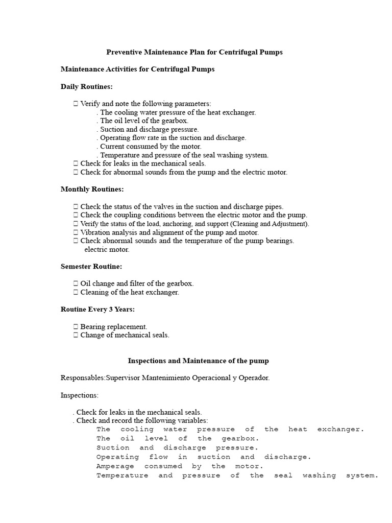 Centrifugal Pump Maintenance Plan | PDF | Pump | Valve