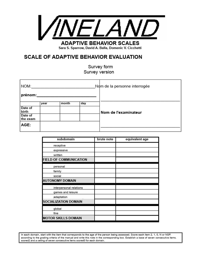 VINELAND-Unknown-ADAPTIVE BEHAVIOR ASSESSMENT SCALE-Survey Form-Version ...