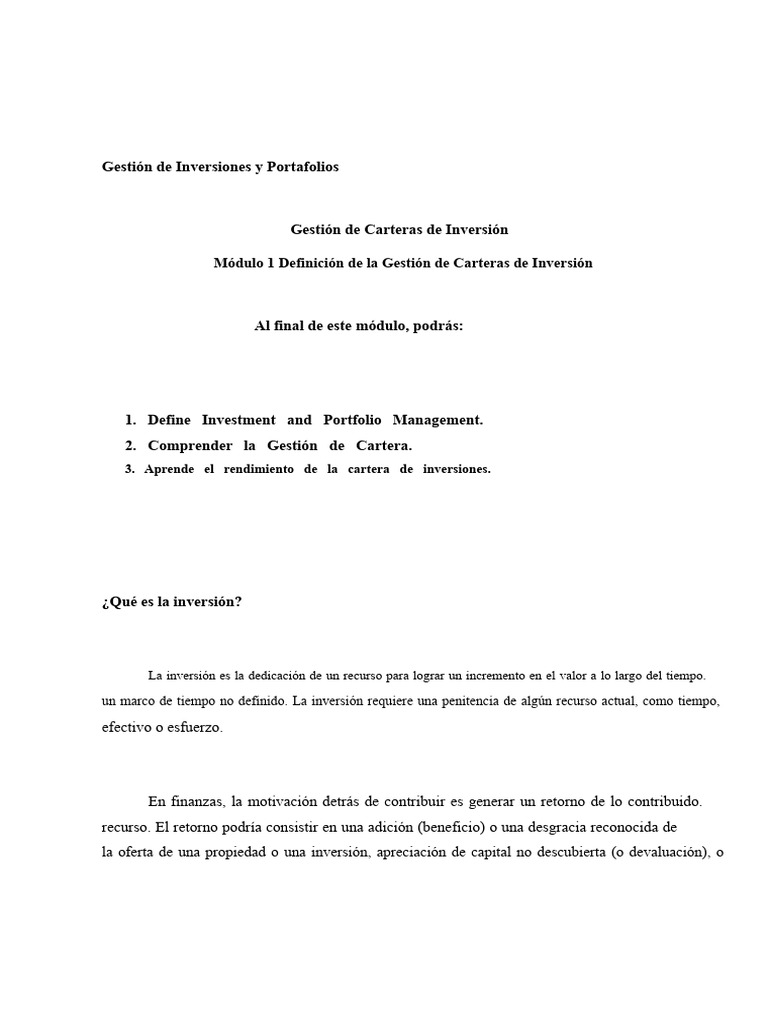 Semana 1 Módulo - Definición de La Gestión de Cartera de Inversiones ...