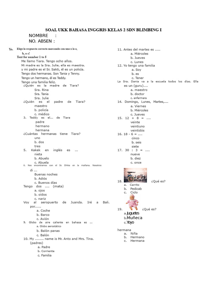 Examen de Inglés para 2° Grado SDN Blimbing I | PDF