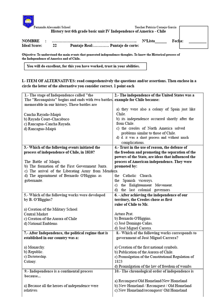 History Test 6th Basic Year Unit IV Independence of America | PDF