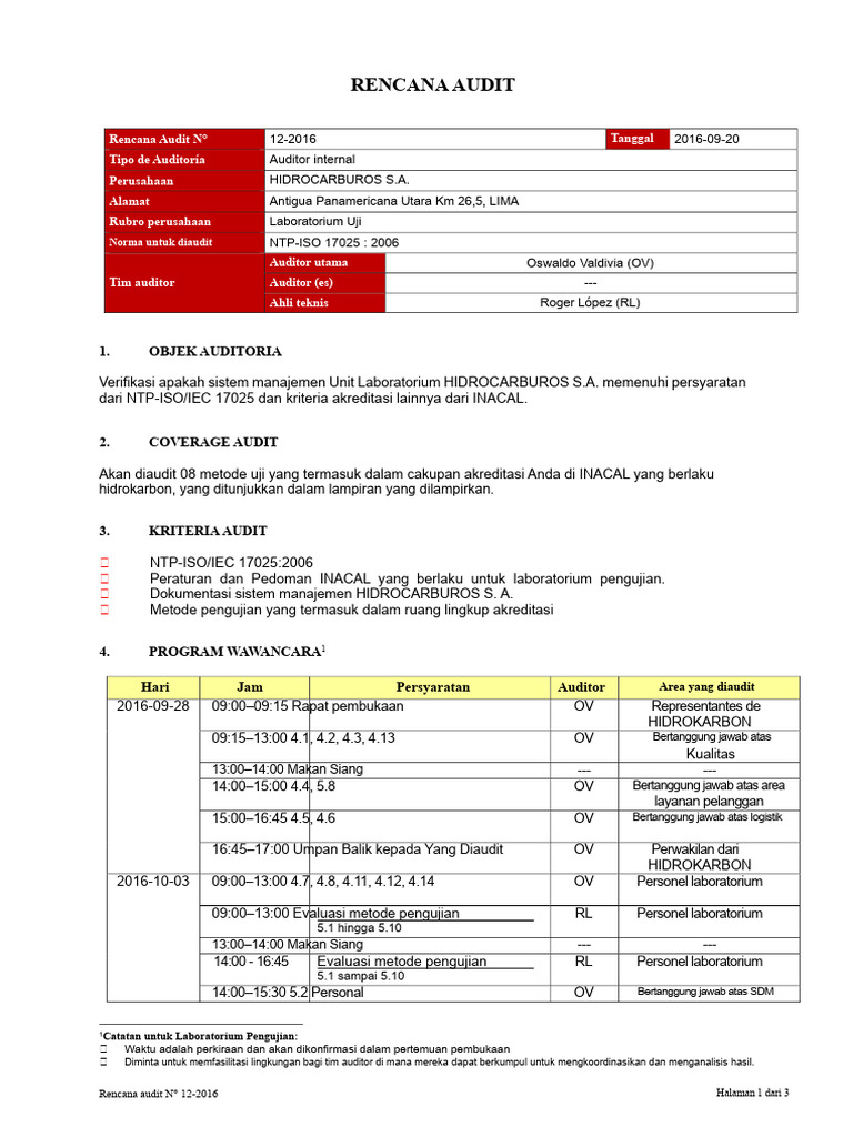 Rencana Audit Laboratorium Hidrokarbon | PDF