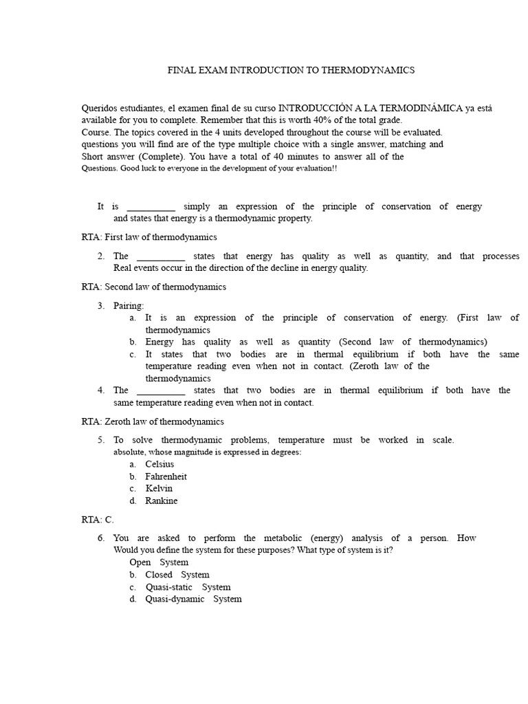 Final Exam: Introduction to Thermodynamics | PDF | Temperature | Phase ...