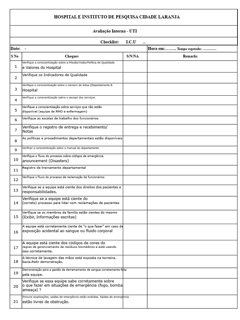 Checklist de Avaliação UTI Hospitalar | PDF | Família | Unidade de ...