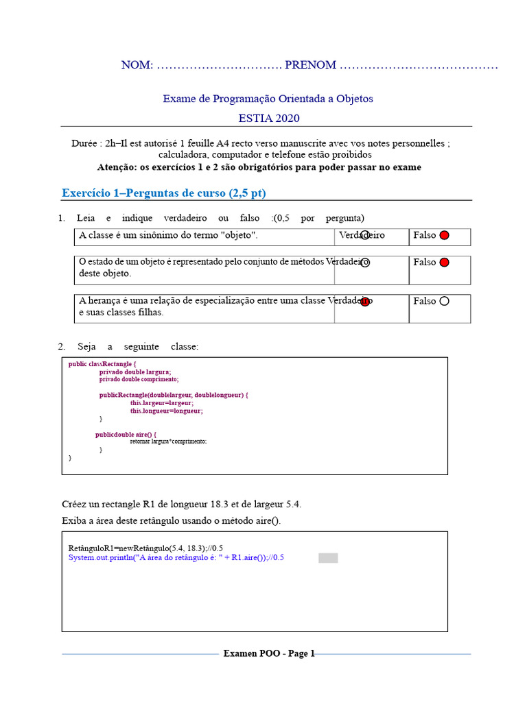 Exame de Programação Orientada a Objetos 2020 | PDF | Classe ...