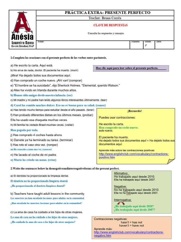 Ejercicios de Presente Perfecto en Inglés | PDF | Verbo