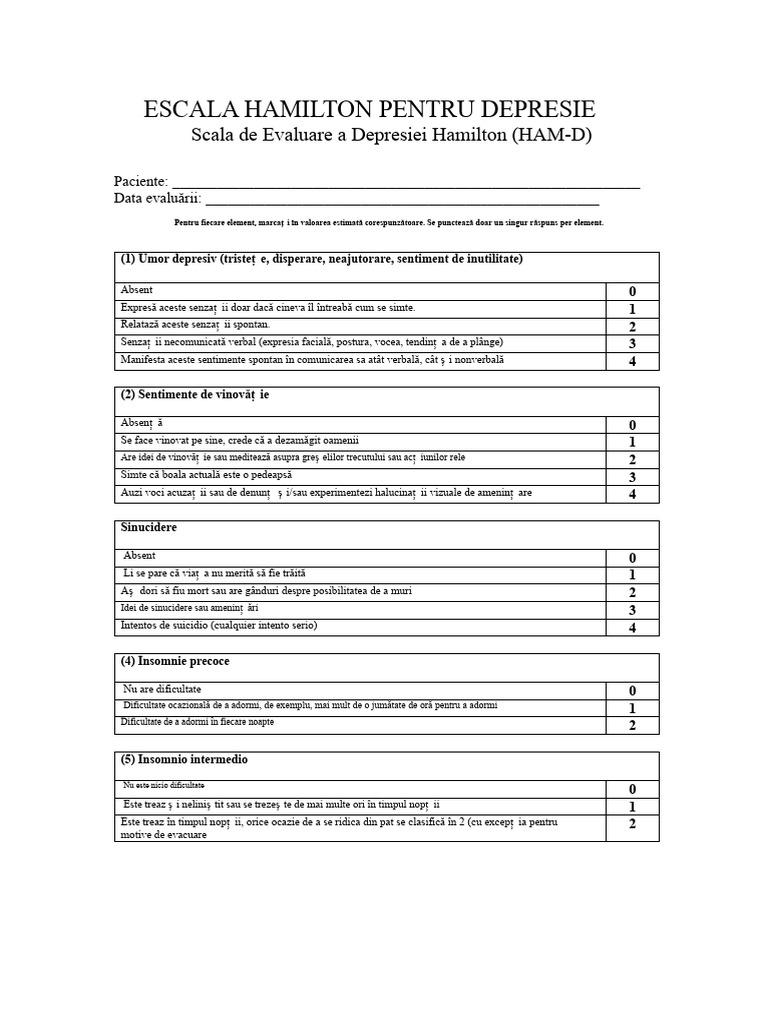Scara Hamilton Pentru Deprimare (Ham-D V17) | PDF