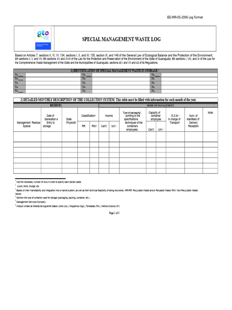 Special Management Waste Log Format | PDF | Pollution | Waste Management