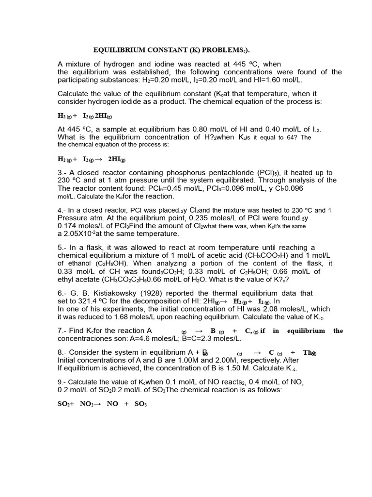 Equilibrium Constant (K) Calculation Problems | PDF | Chemical ...