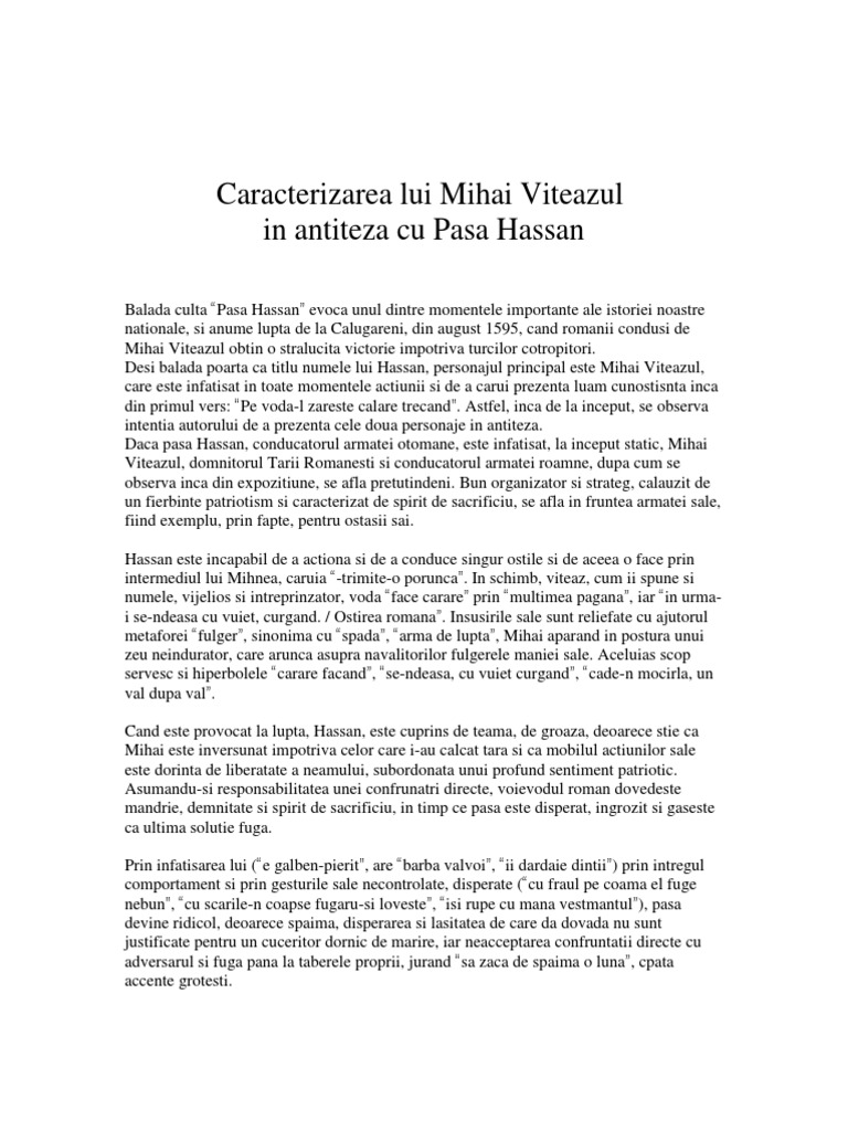 Caracterizarea Lui Mihai Viteazul In Antiteza Cu Pasa Hassan