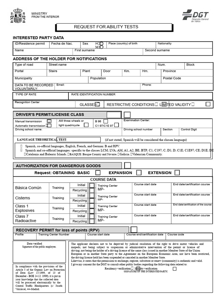 Request for Driving Ability Tests Form | PDF | Driver's License