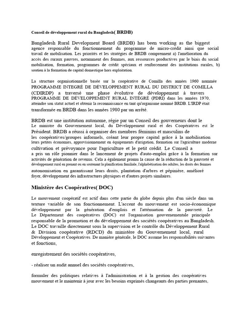 Développement rural au Bangladesh : BRDB et BARD | PDF | Microcrédit ...