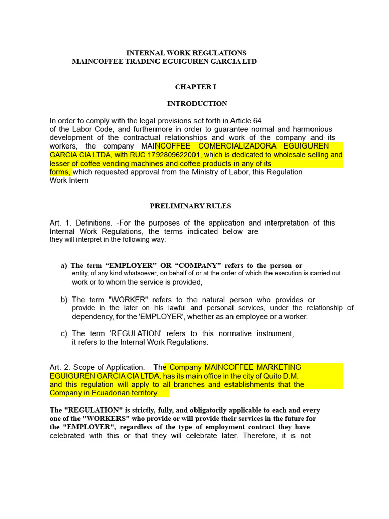 Internal Work Regulations for Maincoffee | PDF | Employment | Overtime