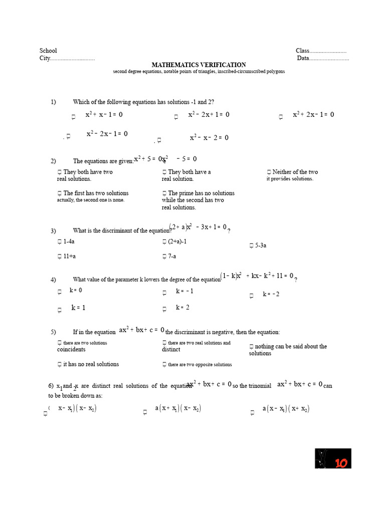 Mathematics Verification: Equations & Geometry | PDF | Equations ...