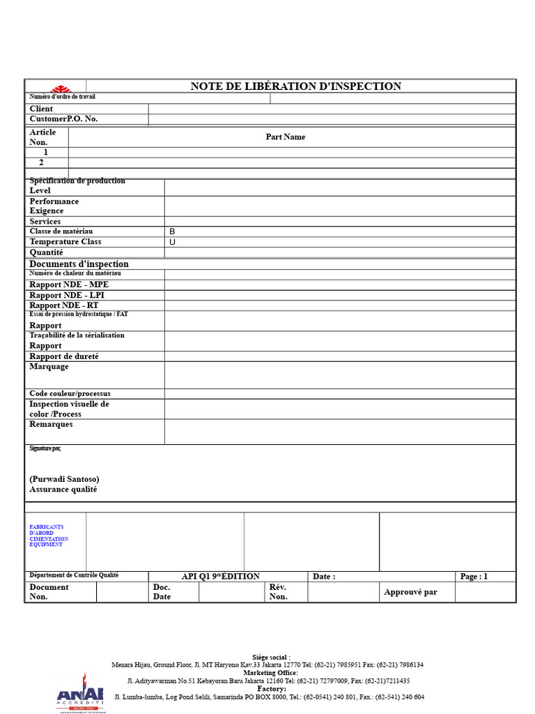 Note de Libération d'Inspection Qualité | PDF