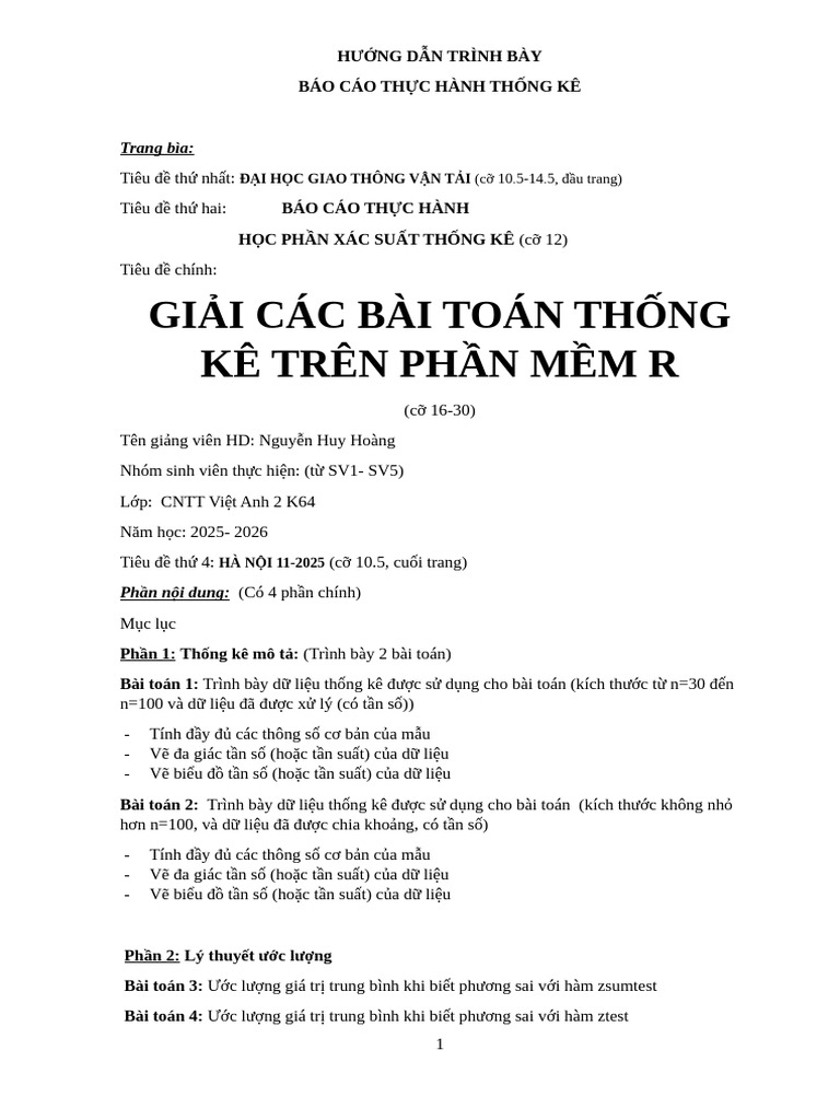 Hướng Dẫn Trình Bày Báo Cáo Thực Hành R Lớp CNTT Việt Anh 2 K64 | PDF