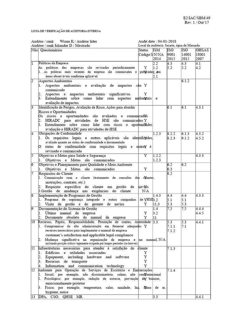 Checklist de Auditoria Interna ISO 9001 | PDF