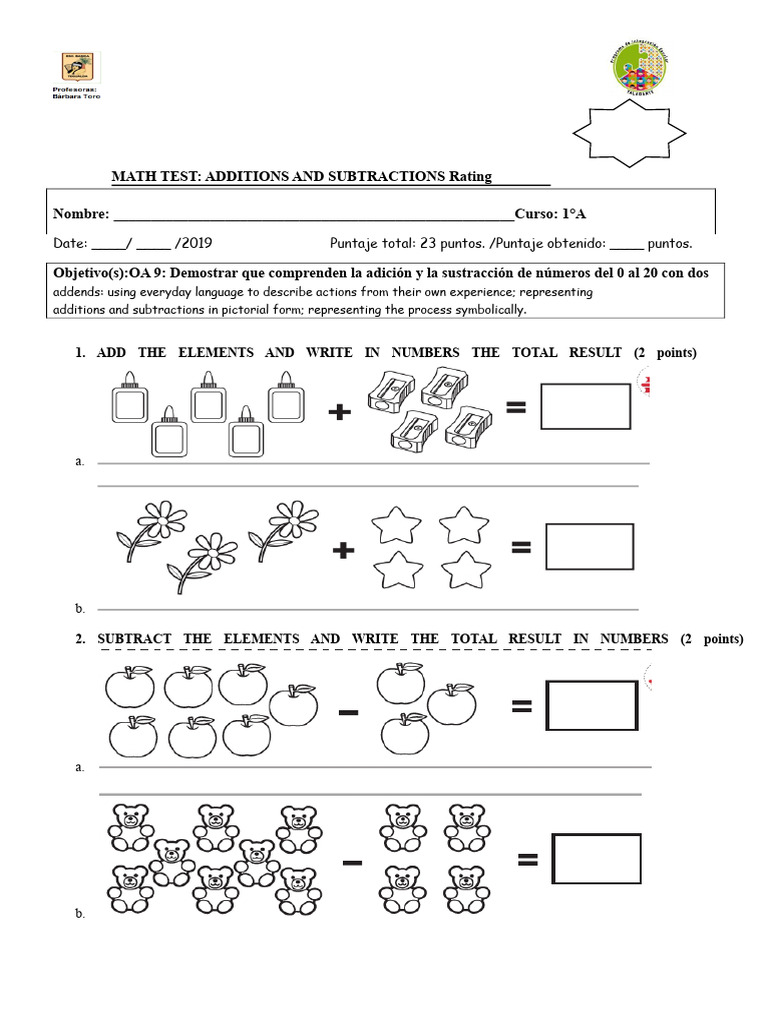 Math Test Additions and Subtractions | PDF