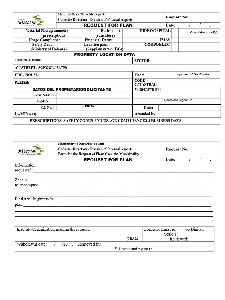 Sucre Municipality Plan Request Form | PDF | Geographic Data And ...