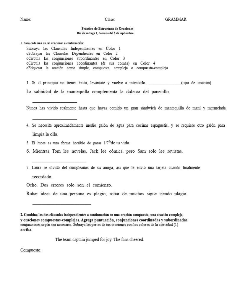 Hoja de trabajo sobre la estructura de las oraciones | PDF | Oración ...
