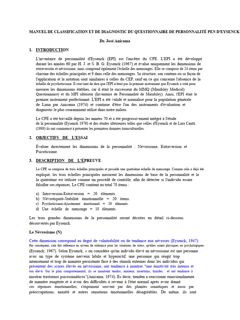 Classification du Questionnaire Eysenck EPI | PDF | Psychose ...
