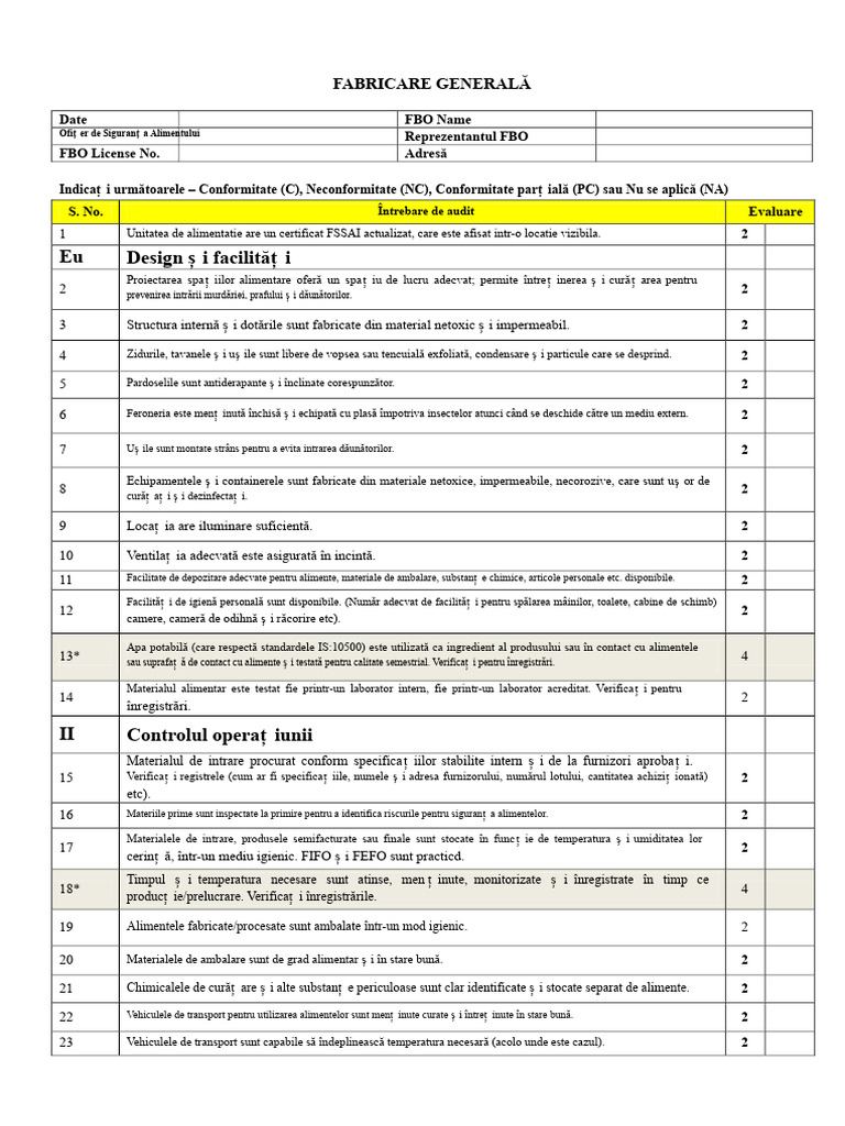 Lista de Verificare FSSAI - Fabricare Generală | PDF