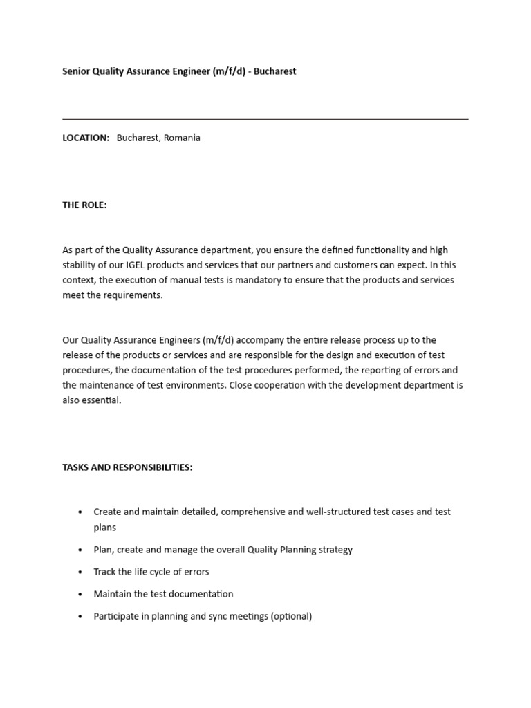 Senior Quality Assurance Engineer - IGEL | PDF | Quality Assurance ...