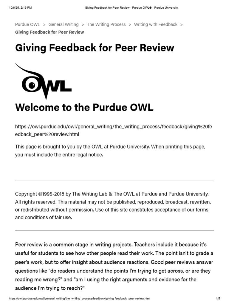 Giving Feedback For Peer Review - Purdue OWL® - Purdue University | PDF ...