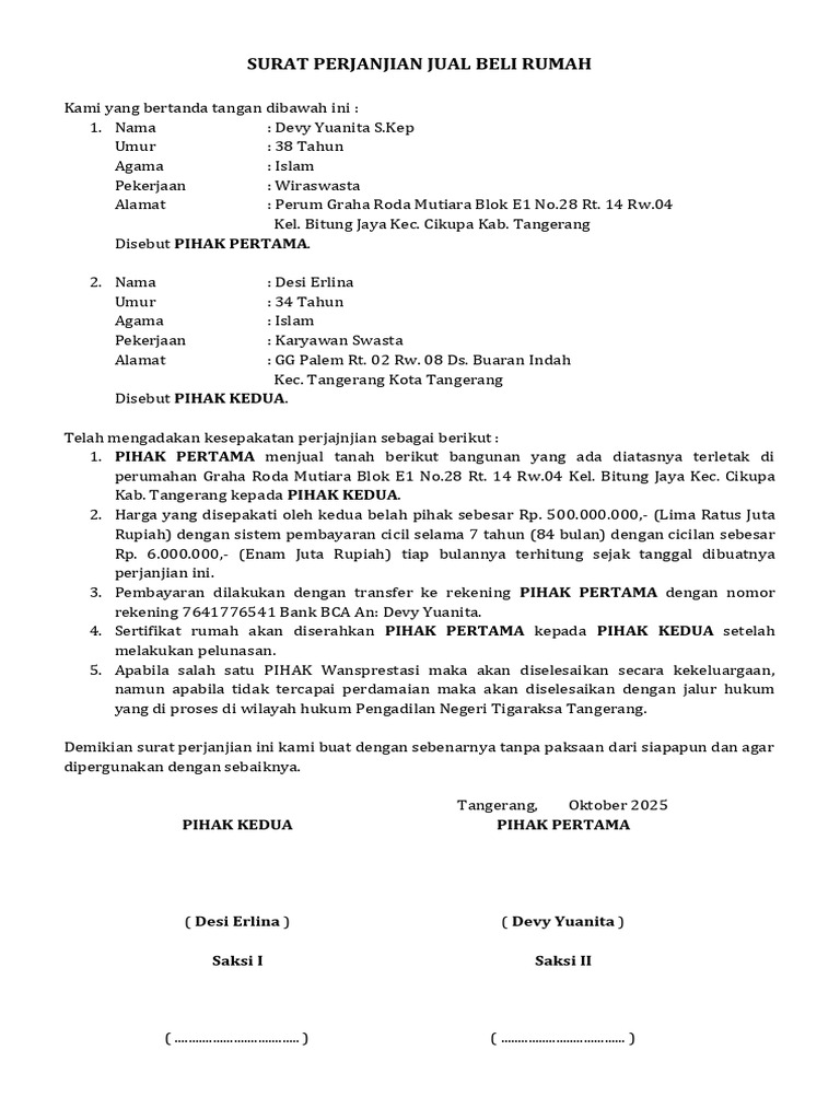 Perjanjian Jual Beli Rumah Tangerang | PDF