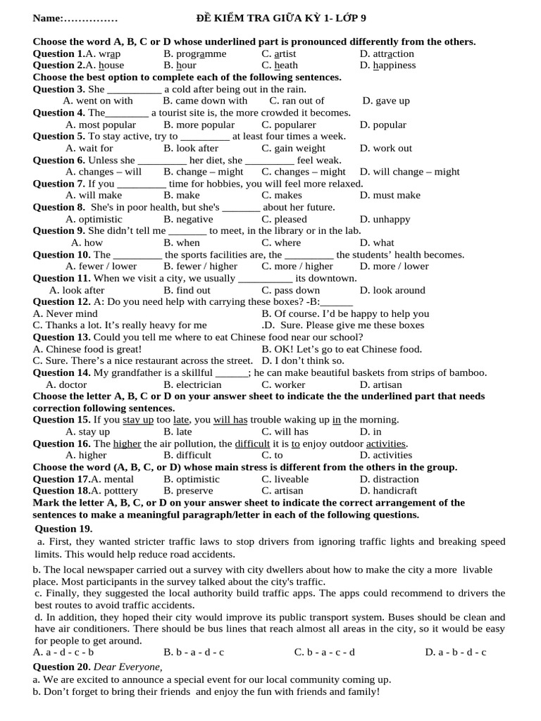 Midterm Exam for Grade 9 English | PDF | Traffic | Vietnam