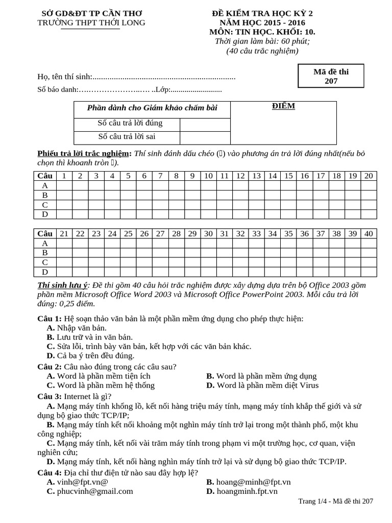 De Thi Tin 10 HK2 de 207 | PDF