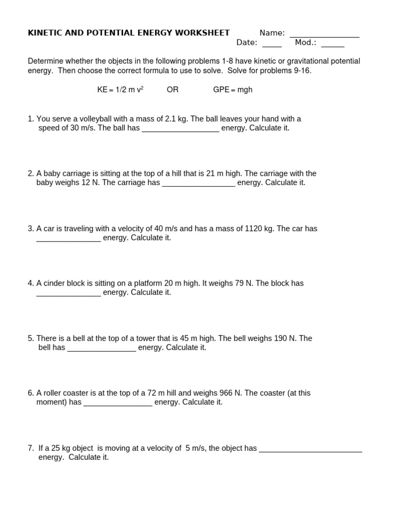 Kinetic and Potential Energy Worksheet | PDF | Kinetic Energy ...