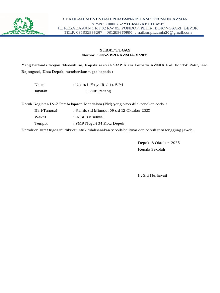 Surat Tugas Kegiatan Pembelajaran SMPIT Azmia | PDF