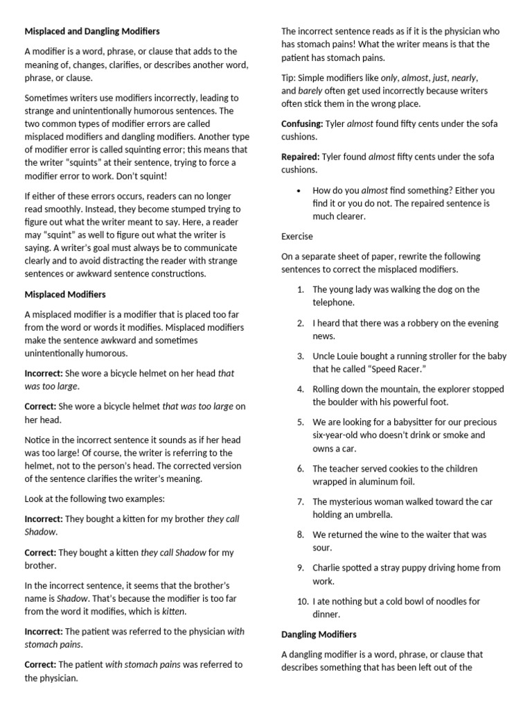 Misplaced and Dangling Modifiers | PDF | English Language | Sentence ...