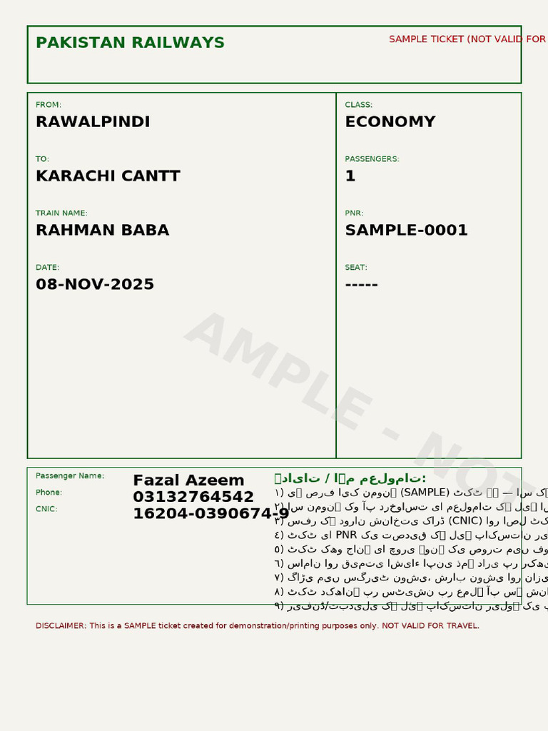 Sample Railway Ticket Fazal Azeem Final | PDF