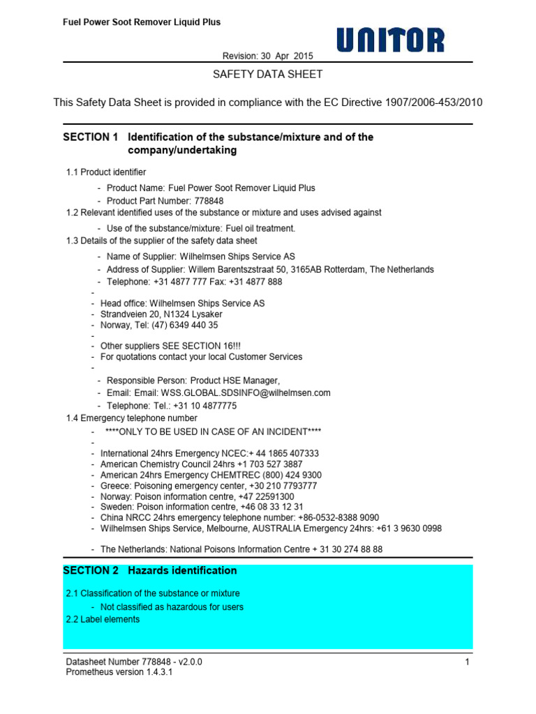 Fuel Power Soot Remover Safety Data Sheet | PDF | Dangerous Goods ...