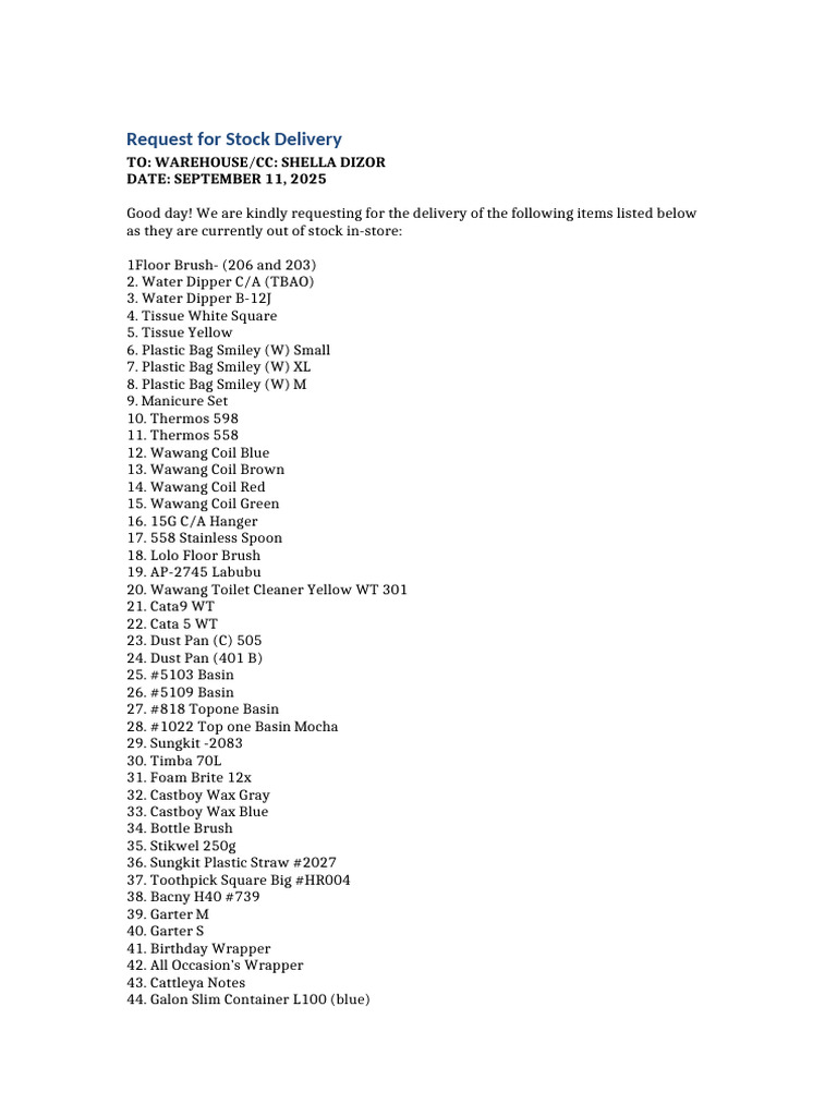 Stock Delivery Request for Retail Items | PDF